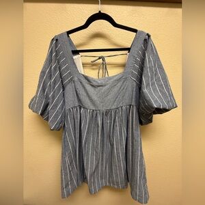 Free People Blue Striped Square-Neck Puff Sleeve Top